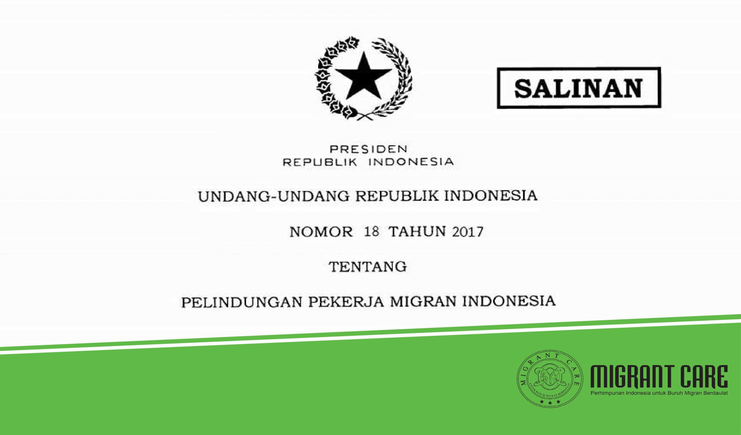 Undang-Undang Nomor 18 Tahun 2017 tentang Pelindungan Pekerja Migran Indonesia